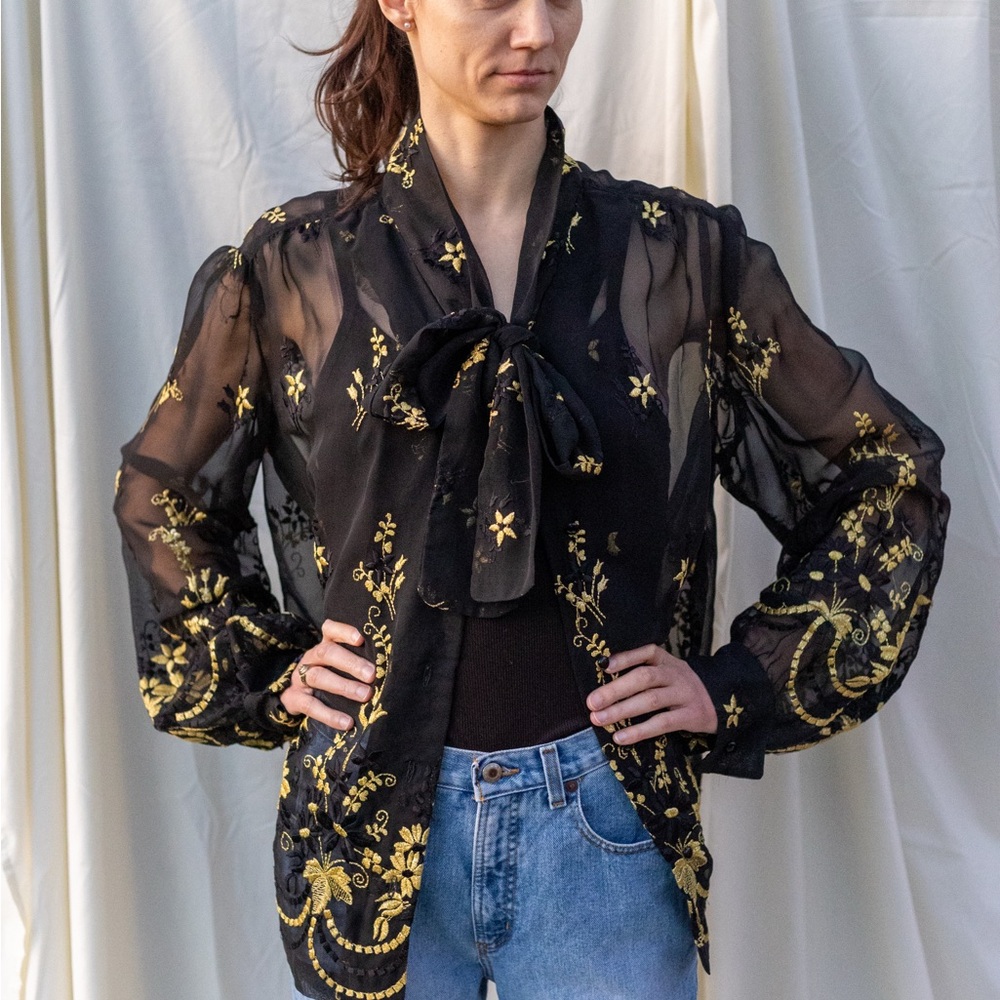 Vintage Sheer Black and Gold Blouse